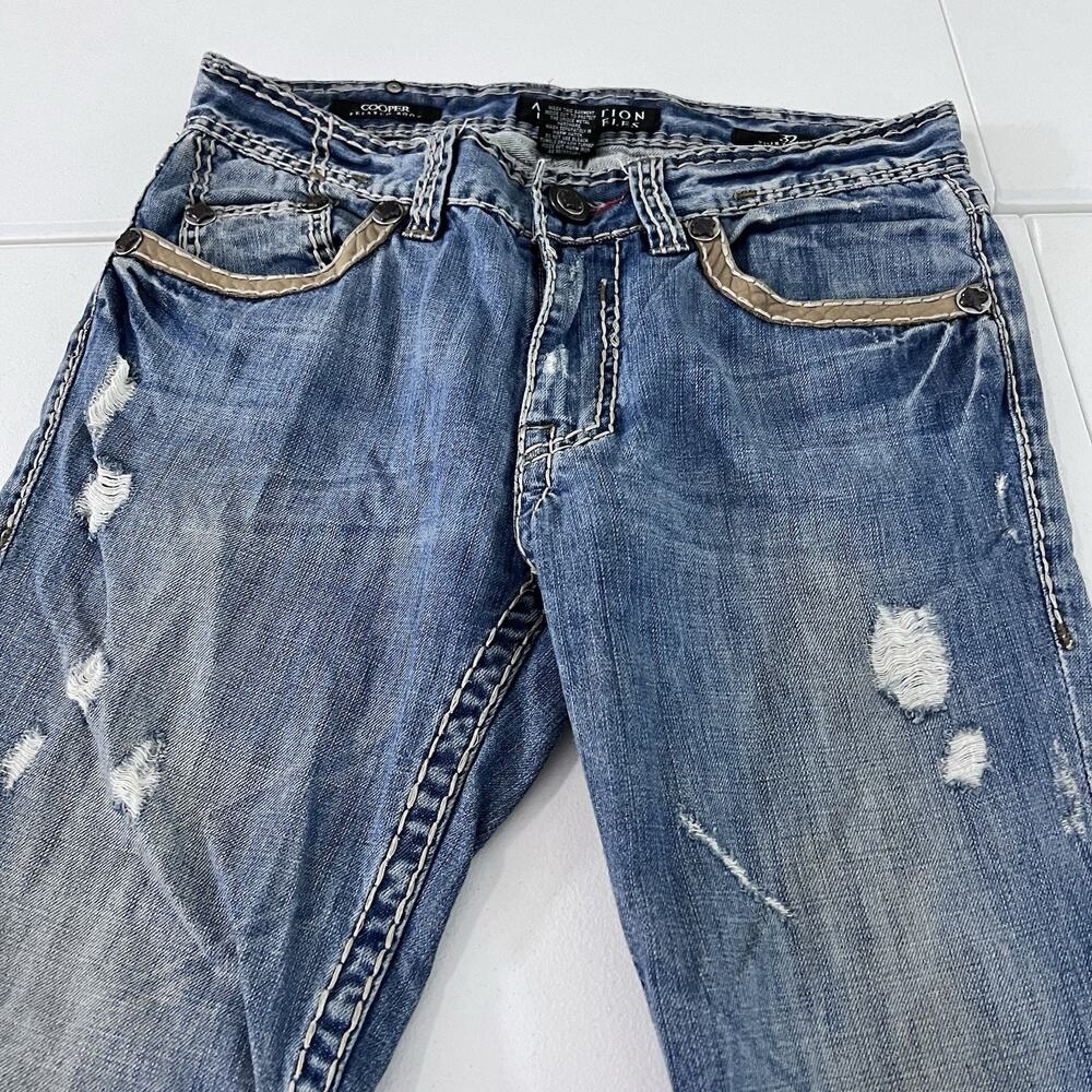 Affliction Mens Jeans Cooper 32 Long Relaxed Boot Cross Patches Blue Wash Y2K LA - Picture 2 of 14